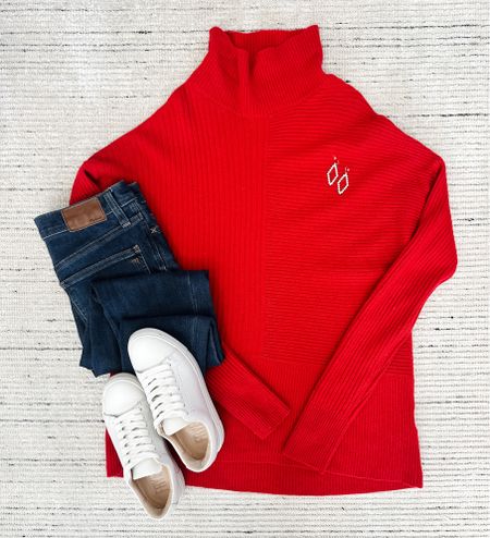 Winter outfit with cashmere blend funnel neck sweater that is 40% off paired with dark wash jeans and sneakers for a chic casual look. Love the red for the winter season. Wearing size XS and it fits tts

#LTKsalealert #LTKstyletip #LTKSeasonal