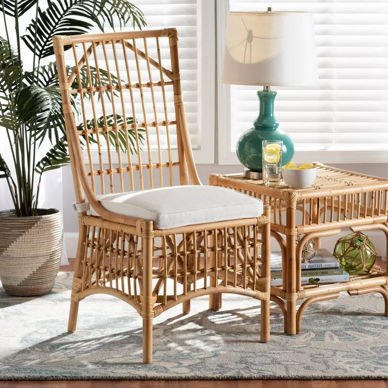 bali & pari Rose Modern Bohemian White Fabric Upholstered and Natural Brown Rattan Dining Chair | Walmart (US)