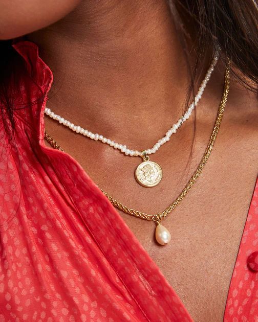 Shashi - Brittany Pearl Coin Layered Necklace - Gold | VICI Collection