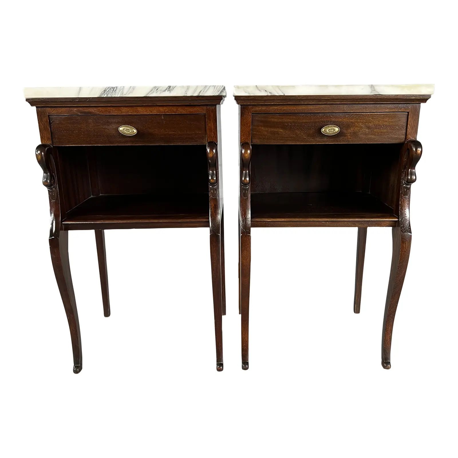 Elegant Pair of Vintage French Empire Style Side Cabinets or Nightstands With White Marble Tops | Chairish