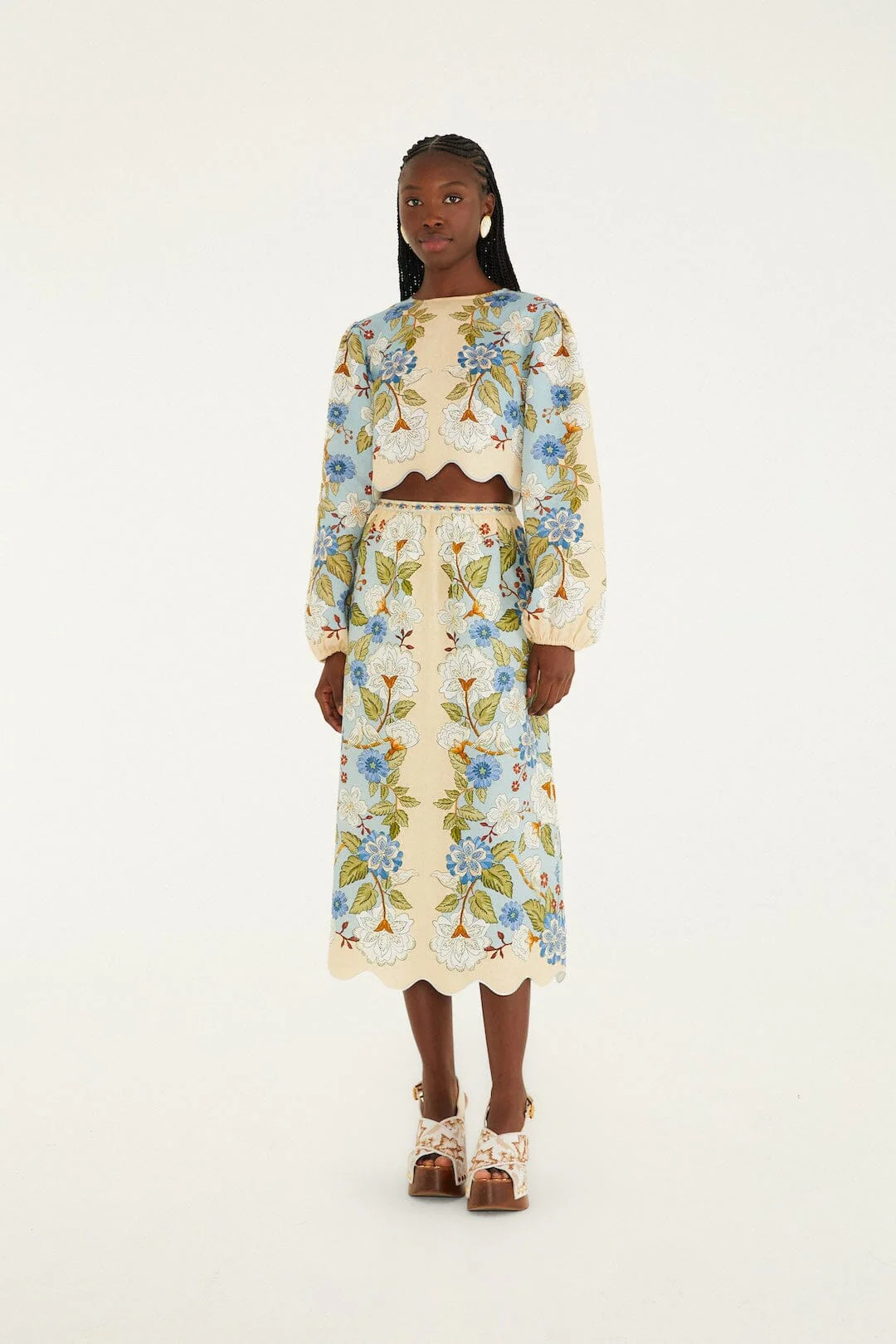 Cream Garden Scarf Euroflax Premium Linen Midi Skirt | FARM Rio | FarmRio (US)