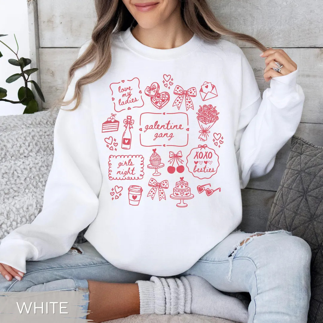 Matching Galentine Sweatshirts: Galentine's Day, Valentine's Day Group Doodle Monochrome Coquette... | Etsy (US)
