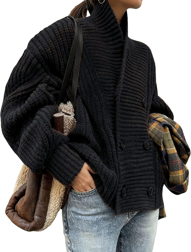 Xiaoxuemeng Womens Knitted Cardigan Sweater Button Down Shawl Collar Cardigan Jackets Chunky Ribb... | Amazon (US)