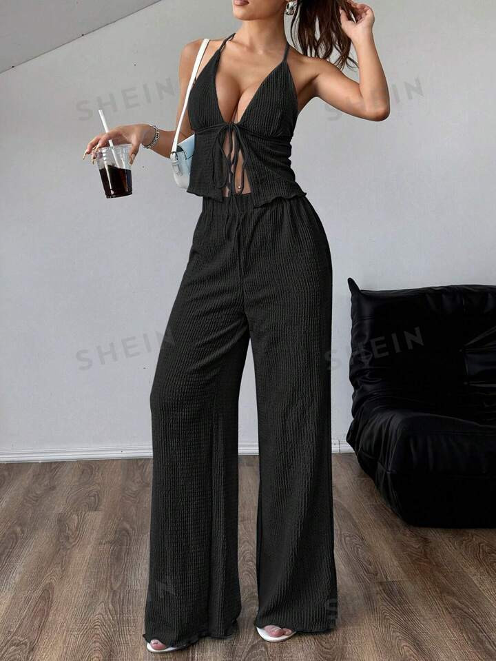 SHEIN Clasi Textured Pleated Halter Neck Top And Loose Wide Leg Pants Set | SHEIN