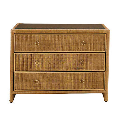 SK Southport Rattan Chest with Glass Top & Brass Ring Pulls | Ballard Designs, Inc.