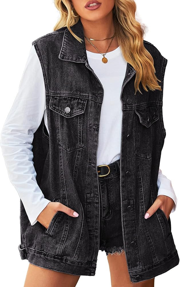 Hixiaohe Women's Denim Vest Sleeveless Jean Jacket Button Down Casual Lapel Waistcoat With Detach... | Amazon (US)