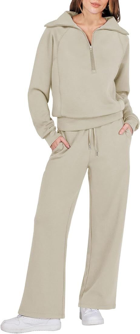 Caracilia Women Two Piece Outfits Sweatsuit Set Quarter Zip Oversized Sweatshirt Wide Leg Sweatpa... | Amazon (US)