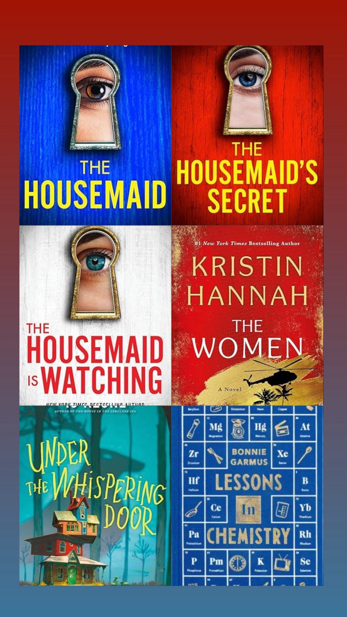 Books I read in 2025! 

Housemaid ⭐️⭐️⭐️⭐️⭐️ must read!

Housemaid’s Secret ⭐️⭐️⭐️⭐️⭐️ not quite as fantastic as the first, but still great!

The Housemaid is Watching ⭐️⭐️⭐️⭐️ never boring, just not nearly as thrilling as the first two. 

The Women ⭐️⭐️⭐️ took me a while to get through, felt like I didn’t  get hooked until the very end. 

Under the Whispering Door ⭐️⭐️⭐️⭐️ a very unique story, felt like I became invested in the characters. 

Lessons in Chemistry ⭐️⭐️⭐️⭐️ a very easy read  

books, reading 

#LTKFindsUnder50