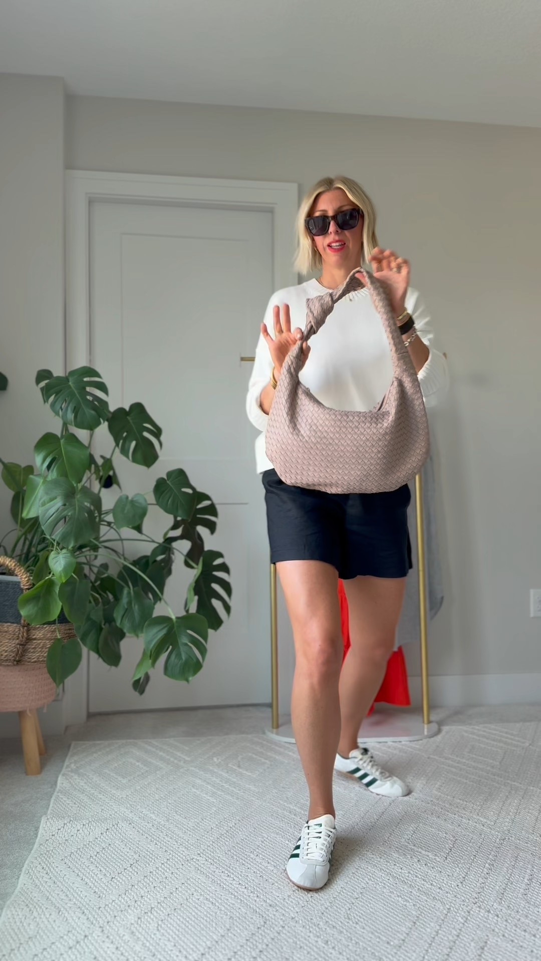 Neutral summer Staples I’ve been wearing in repeat: linen shorts, cotton sweater, woven leather bag + minimal sneakers 

#LTKStyleTip #LTKSummerEdit #LTKOver40