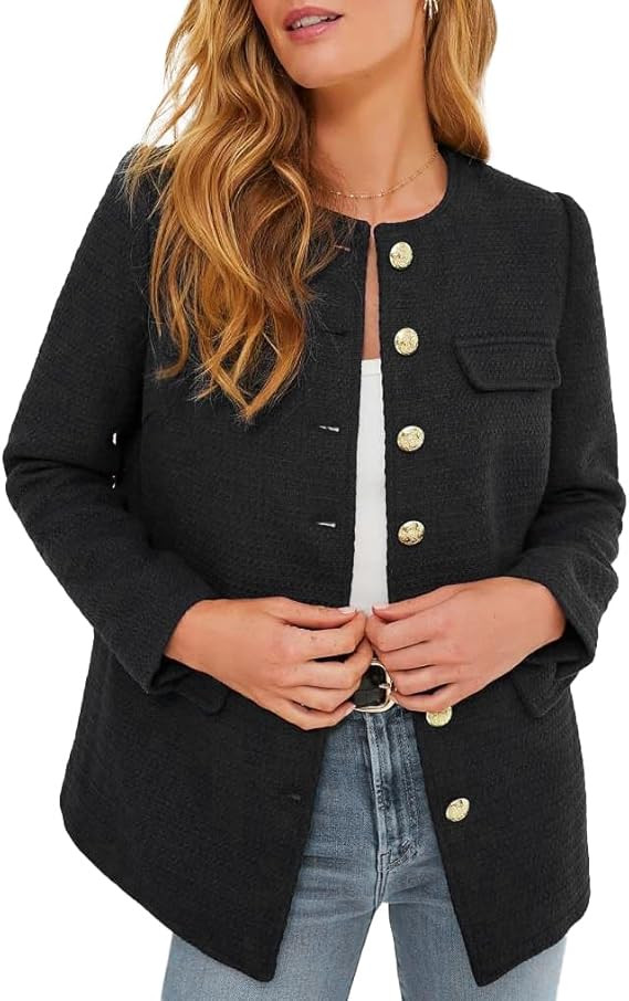 Women's Long Sleeve Tweed Jacket Crewneck Button Down Work Jacket Casual Cropped Vintage Jacket | Amazon (US)