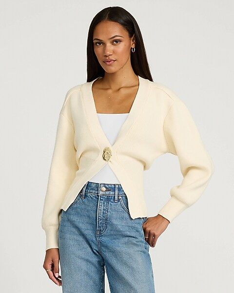 Gold Button V-Neck Banded Cardigan | Express