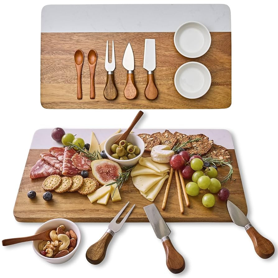 Acacia Wood & Marble Charcuterie Board Set – Premium Cheese Board with Knives, Bowls & Elegant ... | Amazon (US)