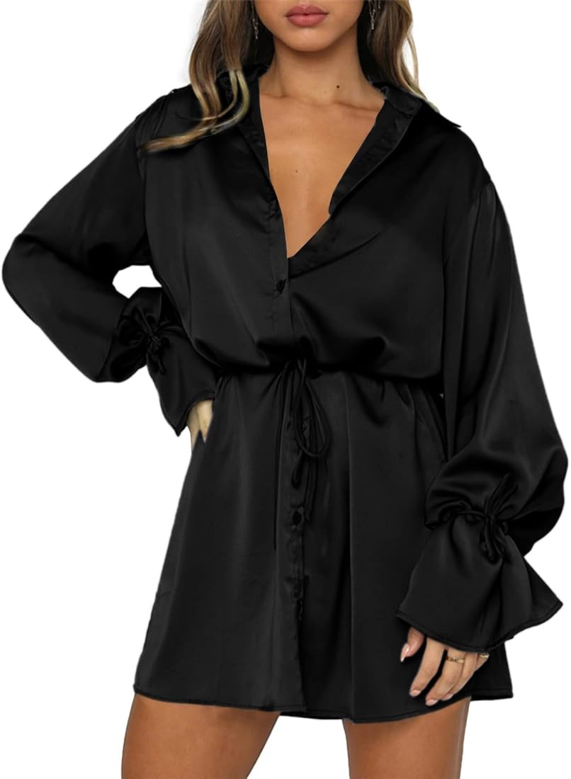 Vrtige Women's Satin Collar V Neck Button Down Tie Waist Long Sleeve Mini Dress | Amazon (US)