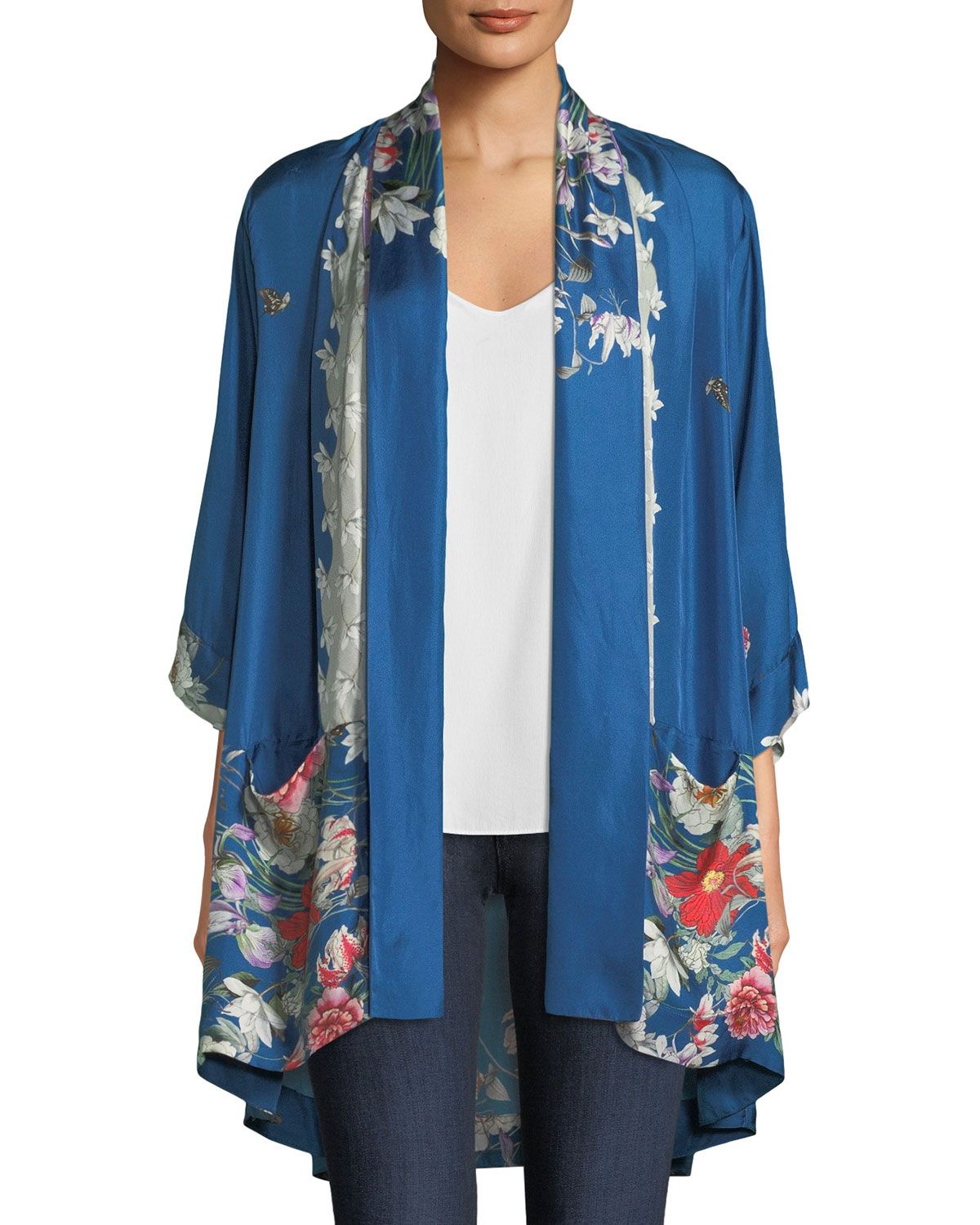 Samira Long Floral-Print Silk Kimono Jacket | Neiman Marcus