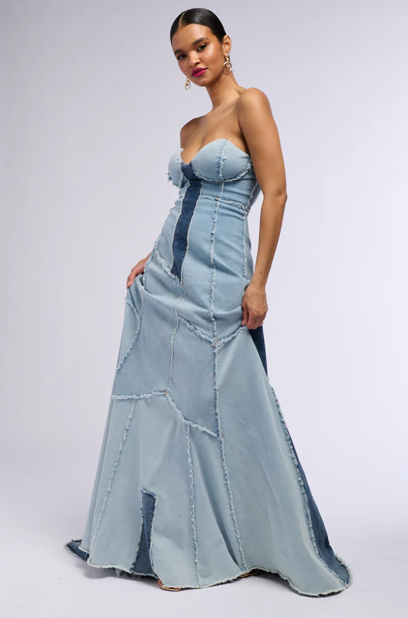 IT'S BRITNEY PATCHWORK DENIM MAXI DRESS | AKIRA