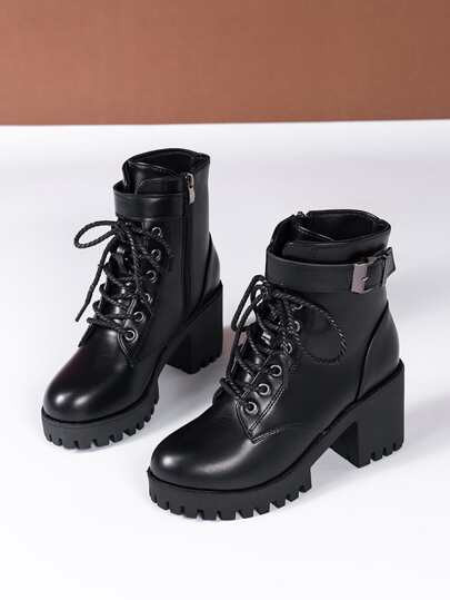 Women Buckle Decor Lace-Up Front Zipper Side Platform Combat Boots, Punk Outdoor Boots | SHEIN
