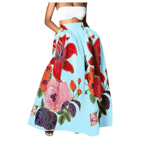 Generic Skirts for Women Floral Print High Waist Maxi Skirt Casual Loose Flowy Boho Party Long Women's Skirts with Pocket, Medium, Z11-light Blue | Amazon (US)