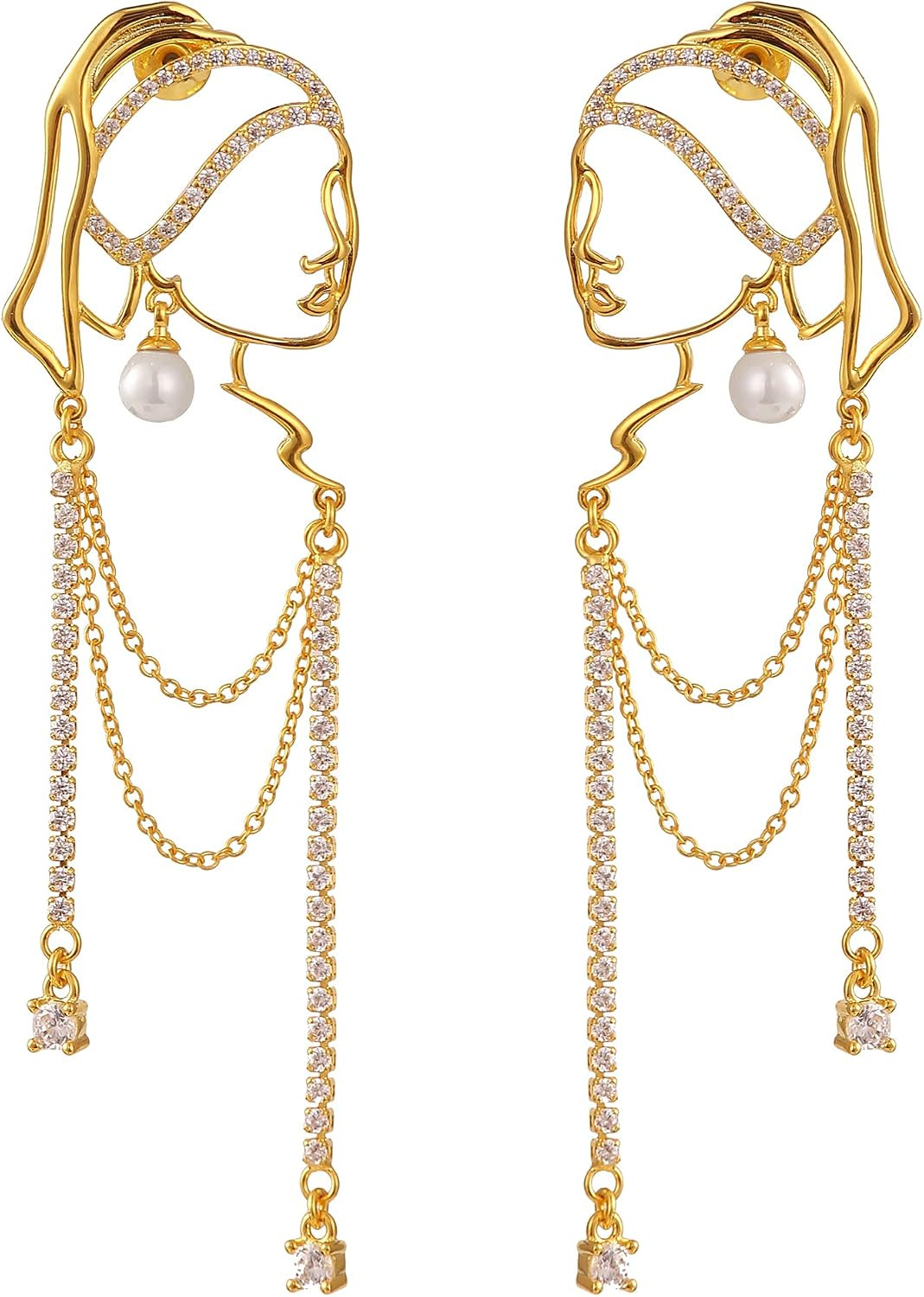 Unique Abstract Face Art | Dangle Statement Long Earrings for Women | Rhinestone Tassel Handmade Chandelier Earrings | Amazon (US)