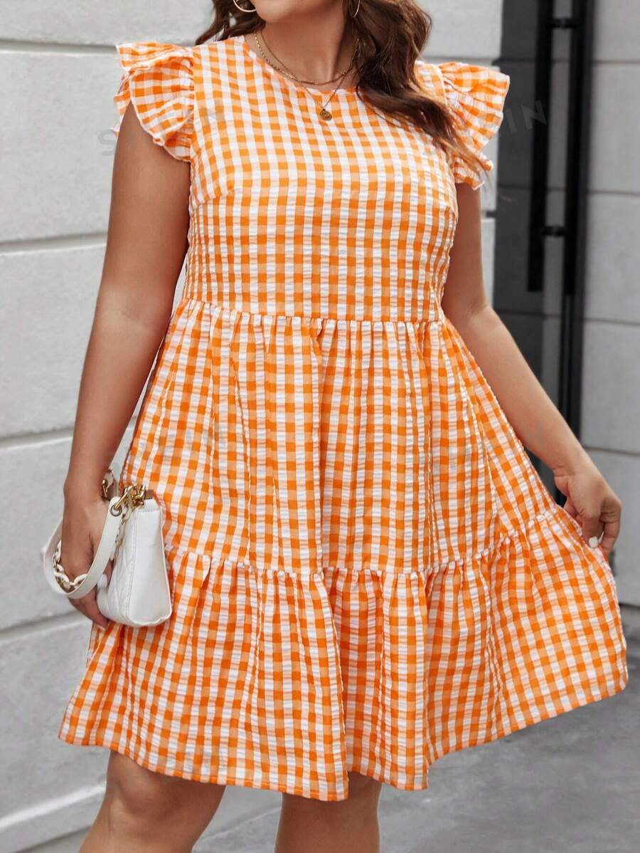 SHEIN LUNE Women'S Plus Size Gingham Check Ruffle Hem Dress | SHEIN