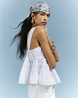 White Cotton Lace Pearl Detail Smock Cami Top | River Island UK & IE
