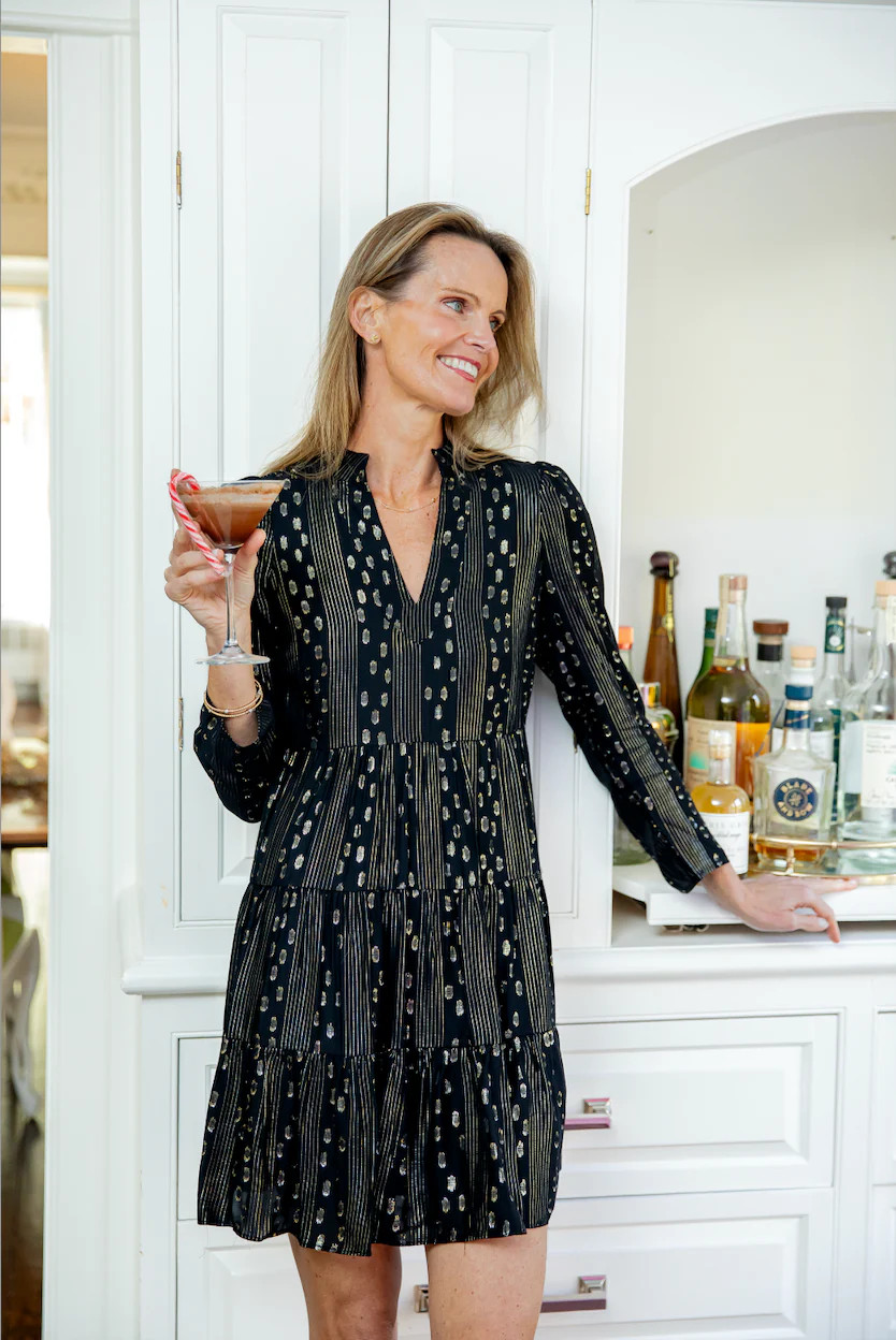 Black & Gold Lurex Long Sleeve Tunic Flare Dress | Sail to Sable