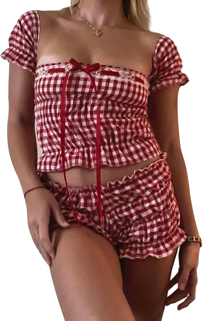 NUFIWI Women Y2k Cute 2 Piece Shorts Set Off Shoulder Crop Top Smocked Ruffle Mini Shorts Sets Tw... | Amazon (US)