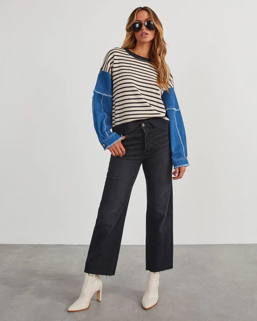 Nicci Denim Contrast Striped Sweater - Cream/Navy | VICI