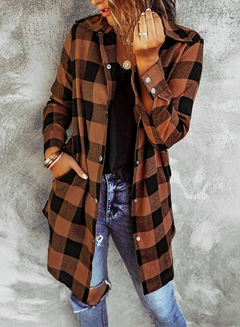 EVALESS Color Block Plaid Shacket Jacket Women Cute V Neck Long Sleeve Button Down Blouses Tops F... | Amazon (US)