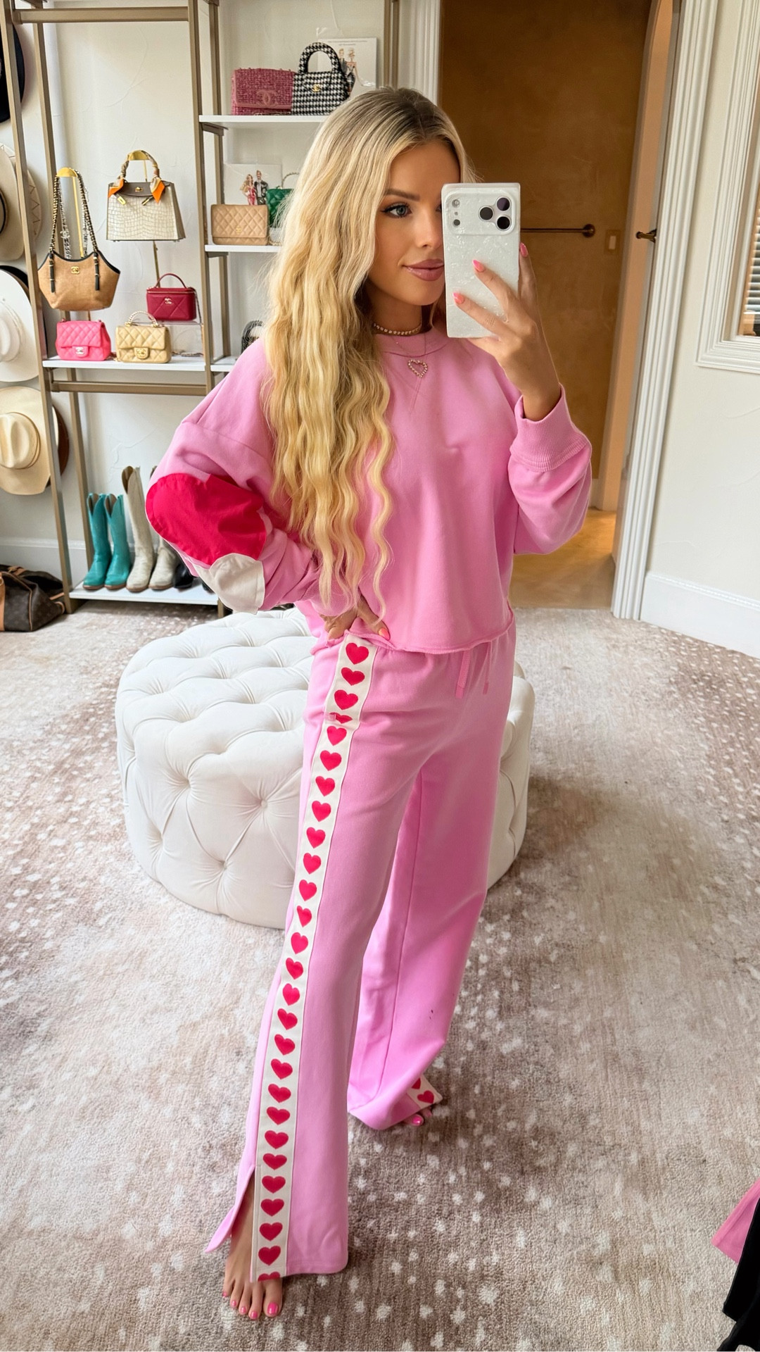 Valentine’s Day lounge set. Pink sweatpants. Hearts. Target style 