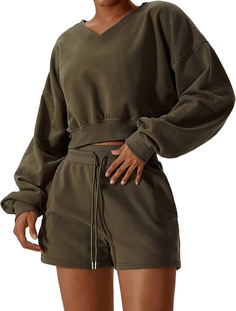 Meladyan Women Two Piece Outfits Tracksuit Half Zip Lapel Cap Sleeve Sweatshirt High Waist Drawst... | Amazon (US)