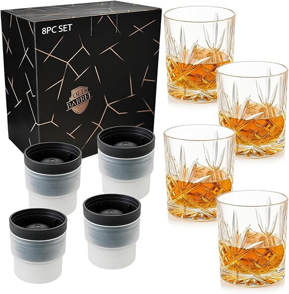 OLD BARREL Whiskey Glasses Set of 8 (4 Glasses with 4 Ice Ball Molds) 10oz Old Fashioned Crystal ... | Amazon (US)