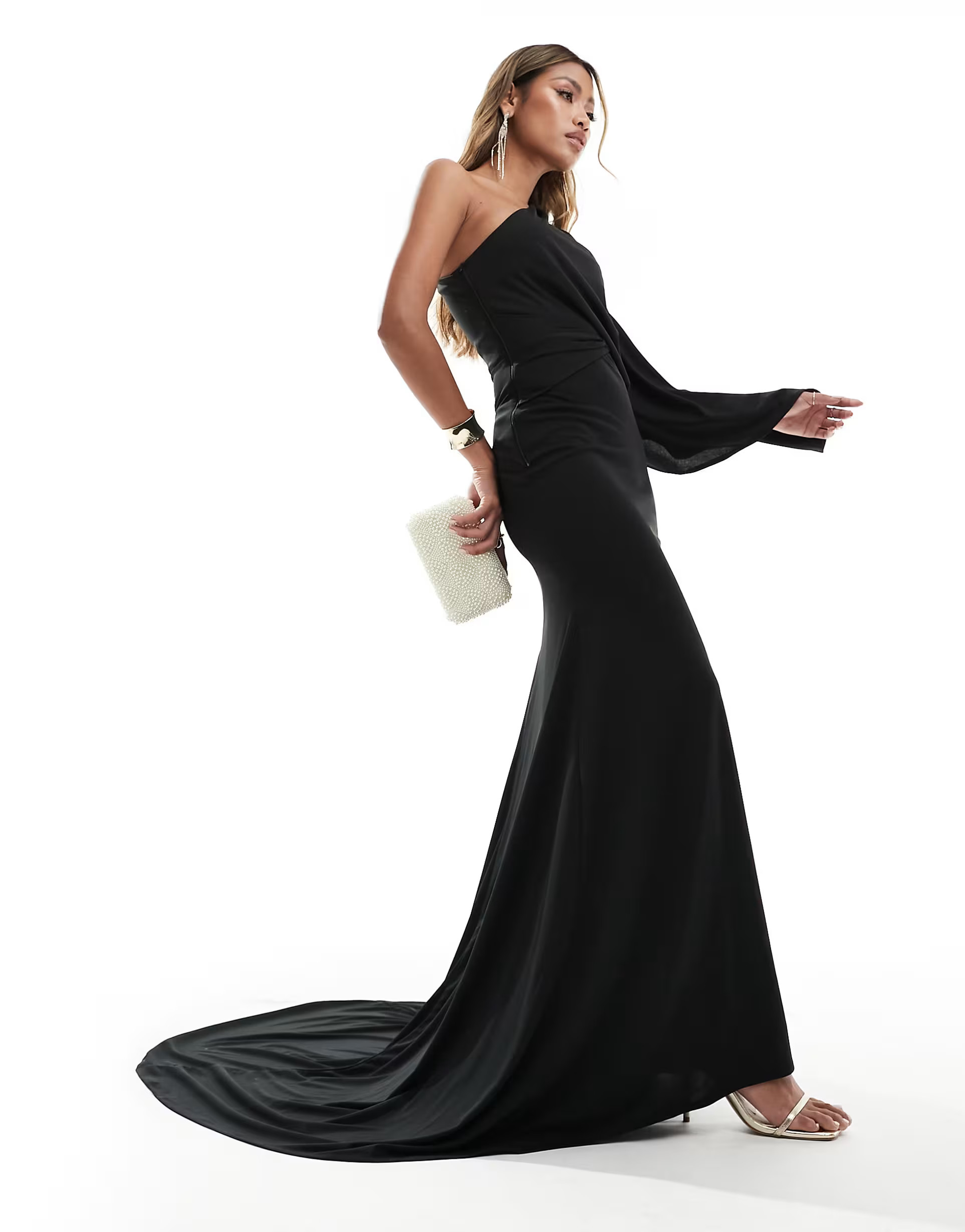 ASOS DESIGN one shoulder premium draped maxi dress with train detail in black | ASOS (Global)