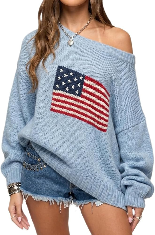 American Flag Sweater for Women Off the Shoulder Vintage Patriotic Striped Star USA Loose Knitted... | Amazon (US)