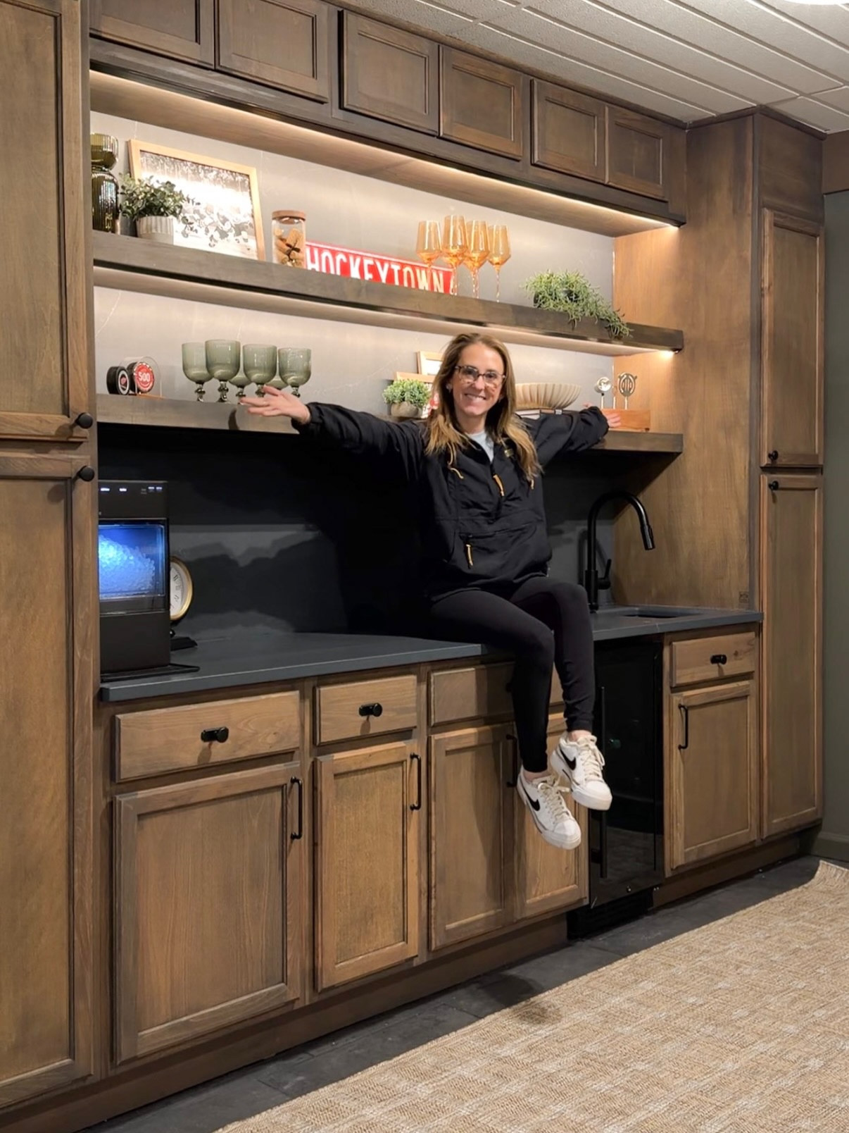 I can’t believe I FREAKING BUILT THAT 🎉😭

When I was dreaming up the basement I pictured hosting friends and family in a moody cozy space… I think it turned out even better than I imagined! 😍 what do you think!?

DETAILS:
Stone: Venti Stone Iron River @hardrockstoneworks (mention CSA for 10% off!)
Cabinets: Hampton Bay @homedepot
Stain: @rubiomonocoatusa Steel Gray
Faucet + Sink: @deltafaucet

