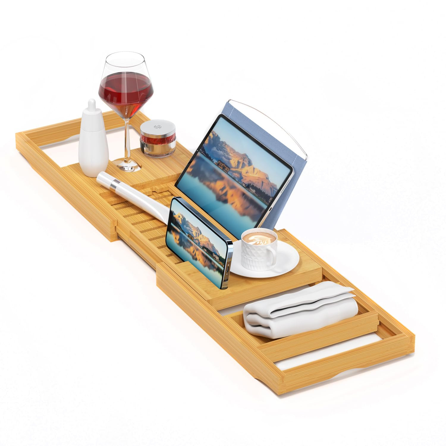 Sen Yi Bao Luxury Bamboo Bathtub Tray - Wooden Expandable Caddy with Book, Tablet, Wine Holder - ... | Amazon (US)