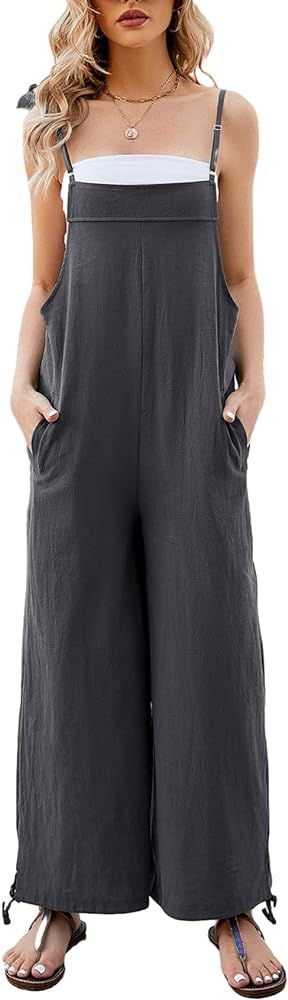 ROJZR Womens Cotton Linen Bib Overalls Adjustable Spaghetti Strap Jumpsuits Wide Leg Romper with ... | Amazon (US)