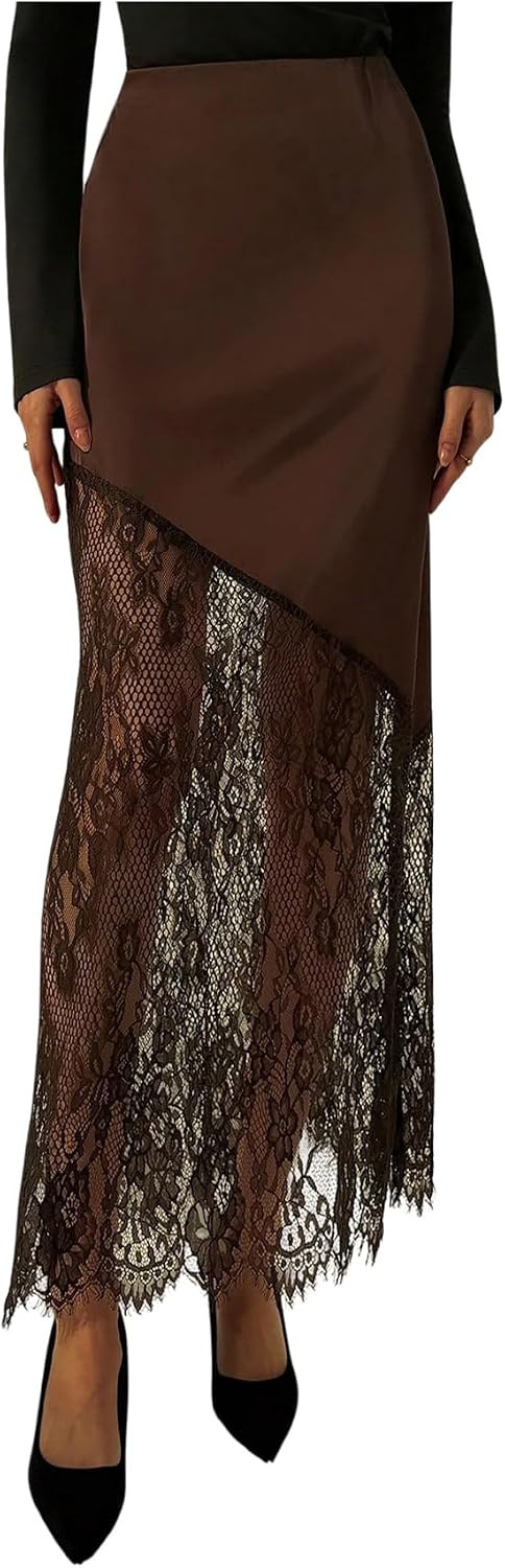 SHENHE Women's Satin Lace High Waisted Patchwork Elegant Long Skirts | Amazon (US)