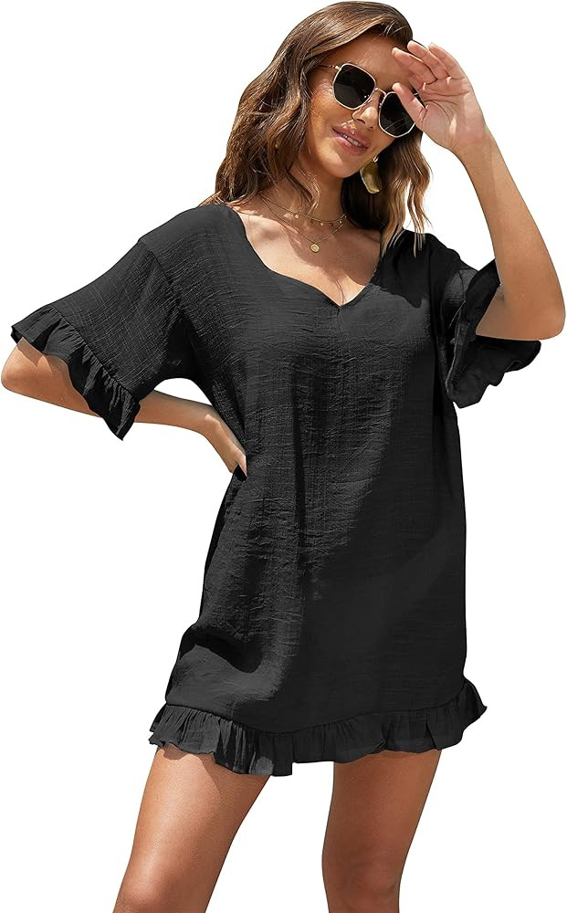 FANCYINN Womens Cute Beach Cover Ups Dress Ruffle Sleeve Hem Deep V Sheer Swimsuit Bathing Suit Reso | Amazon (US)