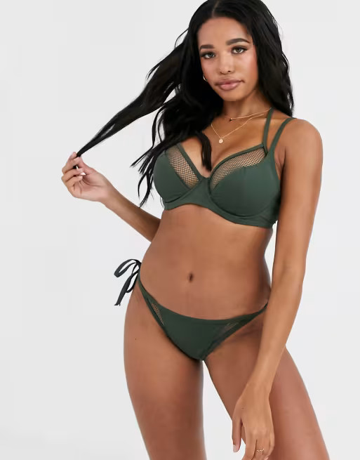 Pour Moi Fuller Bust Glamazon underwire double strap bikini top in khaki | ASOS (Global)