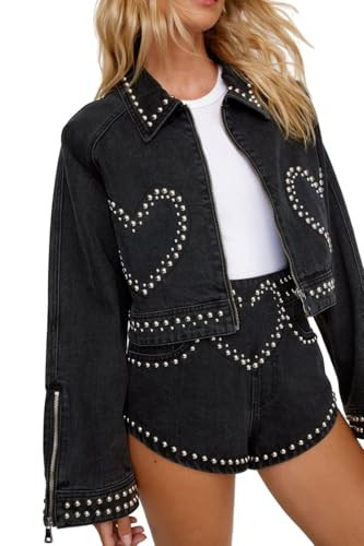 Nasty Gal Denim Heart Studded Cropped Denim Jacket | Amazon (US)