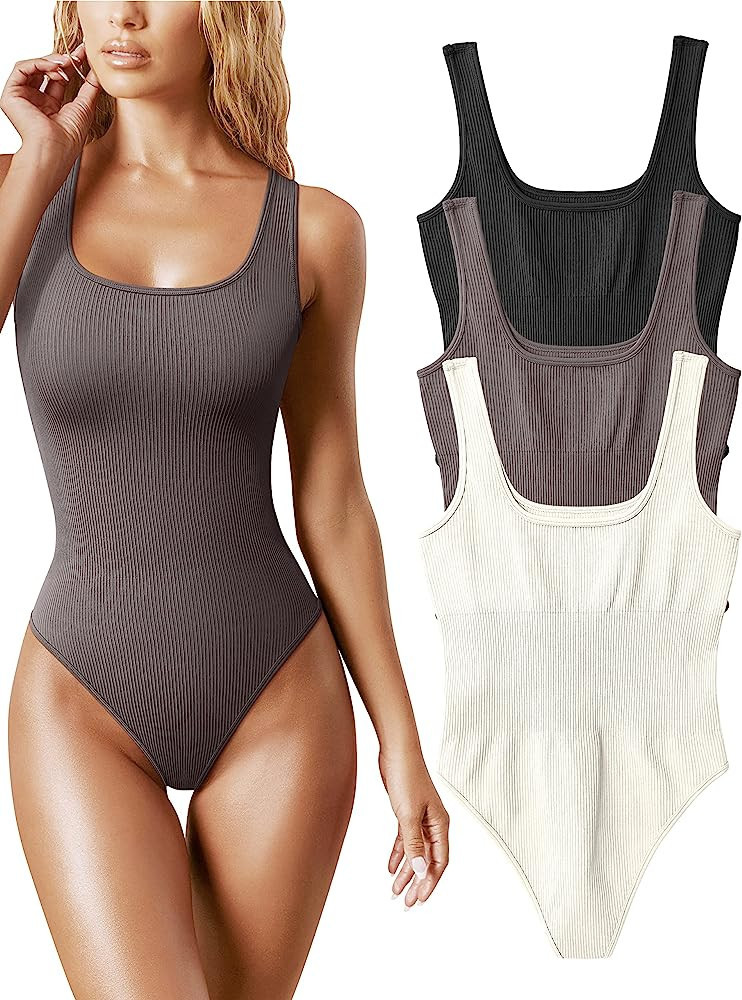 OQQ Women's 3 Piece Bodysuits Sexy Ribbed Sleeveless Square Neck Sleeveless Tank Tops Bodysuits | Amazon (US)