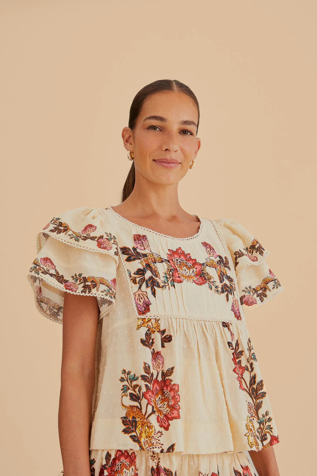 Sand Leopard Flowers Blouse | FarmRio (US)