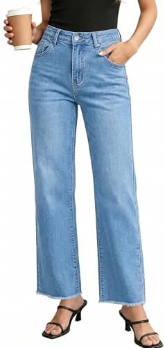 GRAPENT Straight Leg Jeans for Women High Waisted Stretchy Frayed Raw Hem Loose Denim Pants Casua... | Amazon (US)