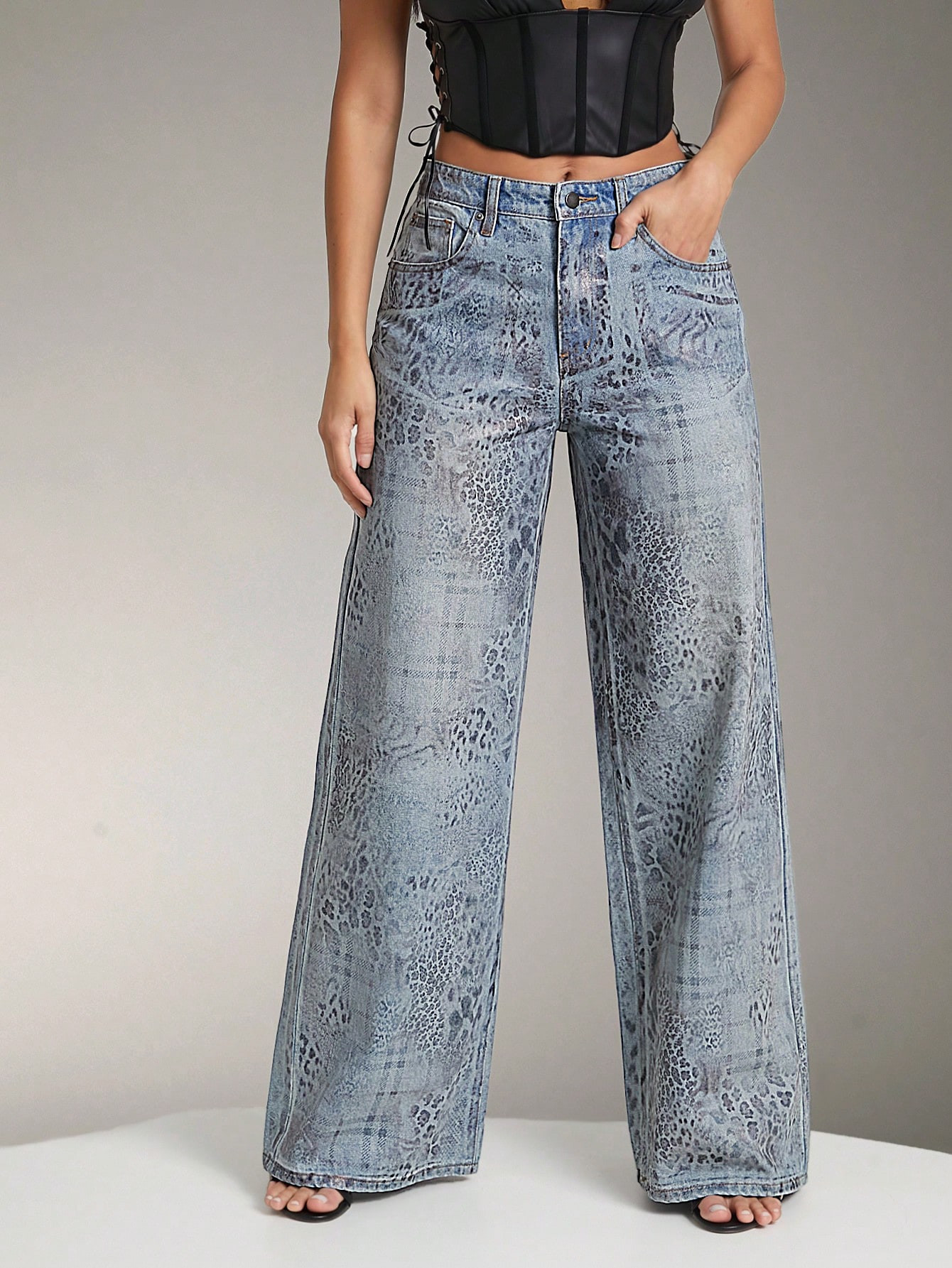 Denimoi Premium Denim Leopard And Plaid Foil Print Wide Leg Jeans | SHEIN