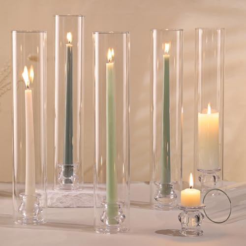 Volens Hurricane Glass Candle Holders - Set of 6 Candlestick Holders for Taper Candles with Windproof Cylinder Covers 14" Tall Clear Glass Chimney Cover for Wedding Table Centerpiece Home Decor | Amazon (US)