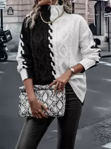 Two Tone High Neck Drop Shoulder Cable Knit Sweater SKU: sw2208229984165188(500+ Reviews)$23.00Ma... | SHEIN