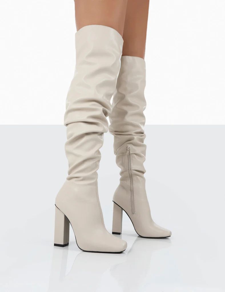Cassia Ecru Square Toe Block Heel Over The Knee Boots | Public Desire (US & CA)