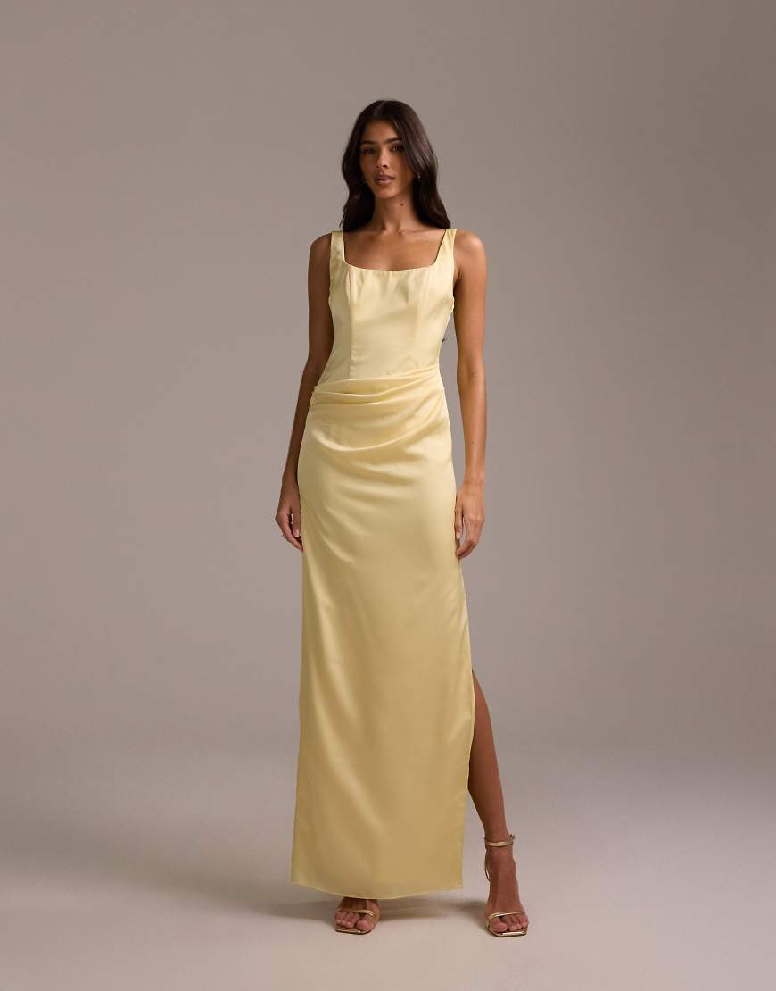 ASOS DESIGN bridesmaids square neck satin maxi dress with asymmetric skirt overlay in lemon-Yellow | ASOS (Global)