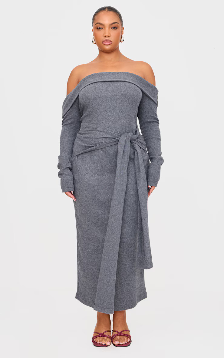 Plus Charcoal Heavy Brushed Rib Bardot Wrap Detail Maxi Dress | PrettyLittleThing US