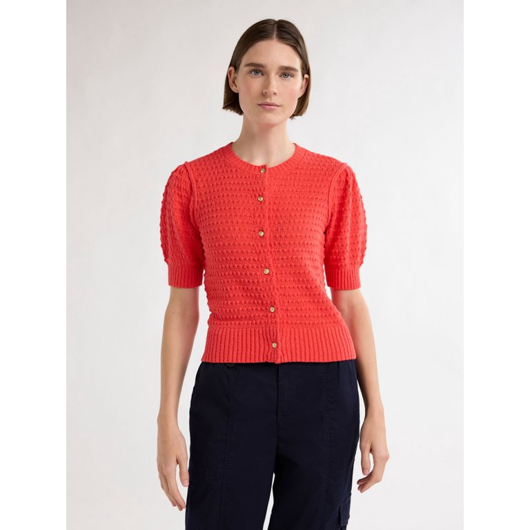 Free Assembly Women’s Textured Cardigan Sweater with Short Puff Sleeves, Lightweight, Sizes XS-... | Walmart (US)